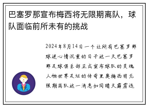 巴塞罗那宣布梅西将无限期离队，球队面临前所未有的挑战