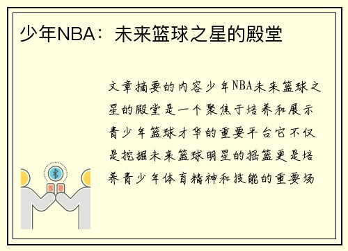 少年NBA：未来篮球之星的殿堂